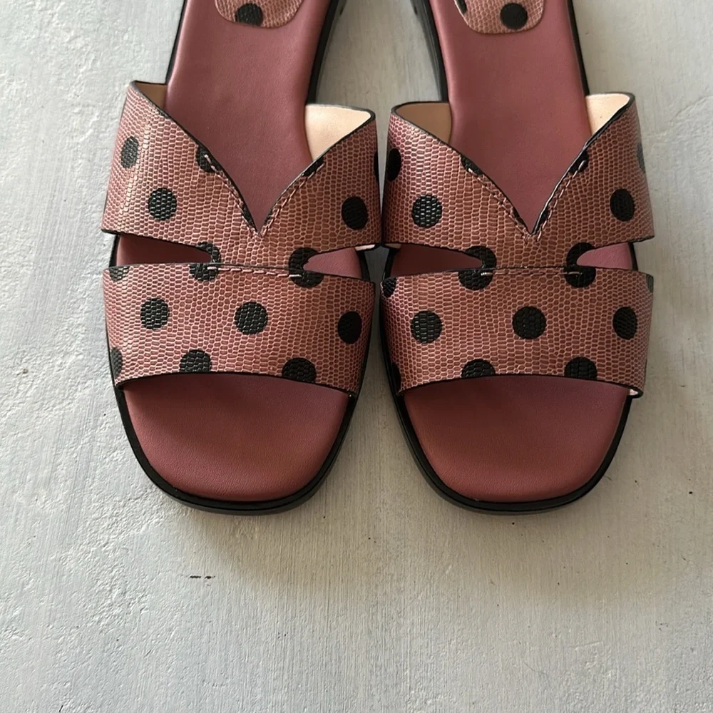 Kate Spade Dock Strappy Leather Slide Sandal Pink Black Dolka Dots Size 8 Summer